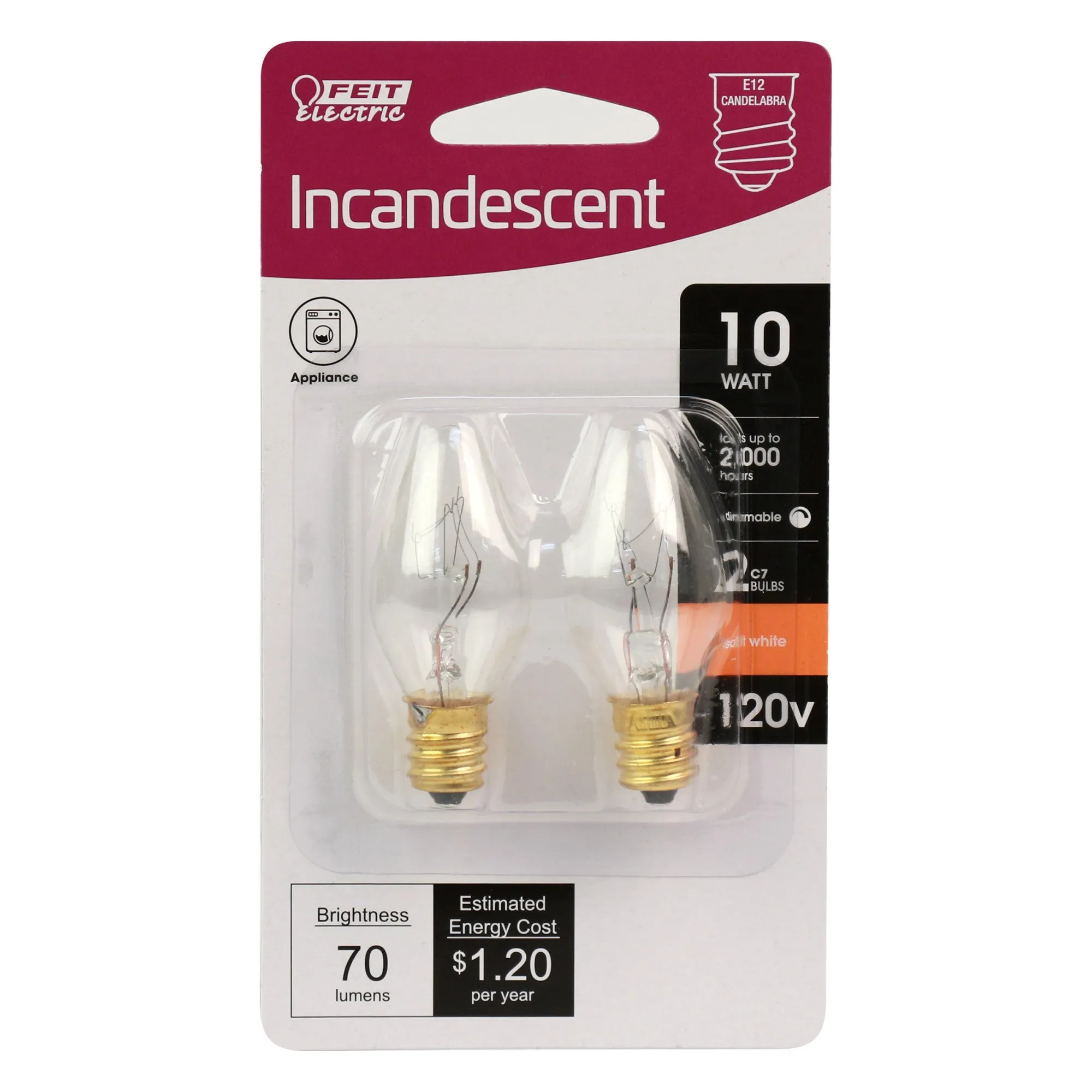 10W Soft White (2700K) C7 Shape Candelabra E12 Base Clear Dimmable Incandescent Appliance Light Bulb (2-Pack)