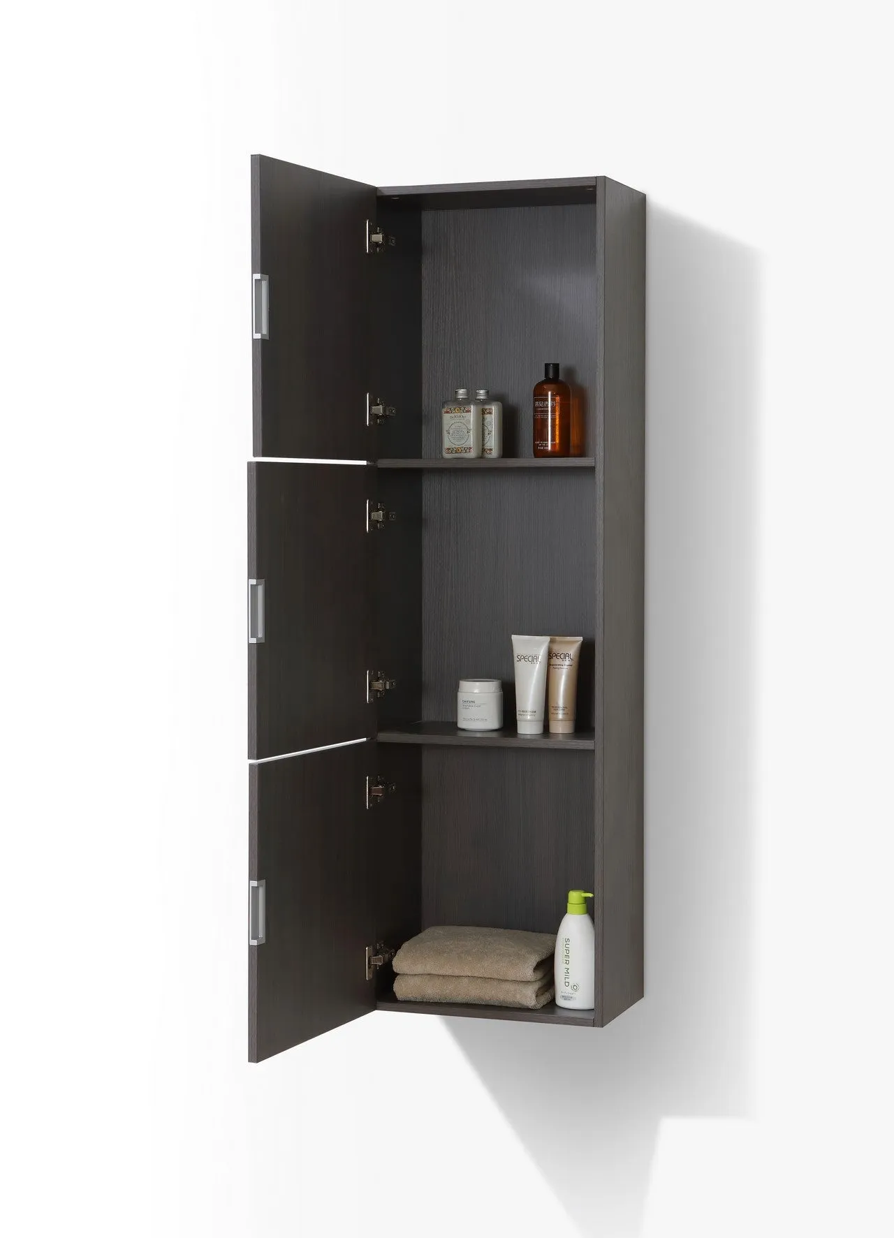 59" High Bathroom Linen Side Cabinets, High Gloss Grey Oak