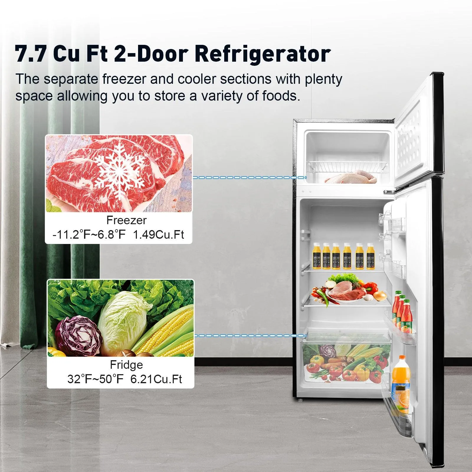 7.7 Cu.ft. Mini Fridge with Freezer, Double Door Apartment Size Refrigerator for Bedroom Office or Dorm, Black