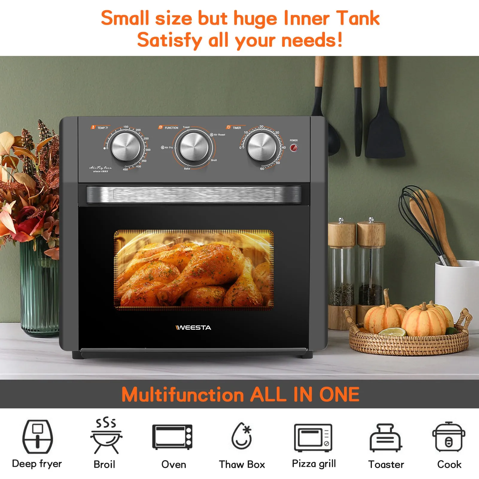 Air Fryer Toaster Oven - 5-In-1 Convection Oven with Air Fry, Roast, Toast, Broil & Bake Function - Air Fry Toaster Oven for Countertop - Kitchen Appliances for Cooking Chicken, Steak & Pizza