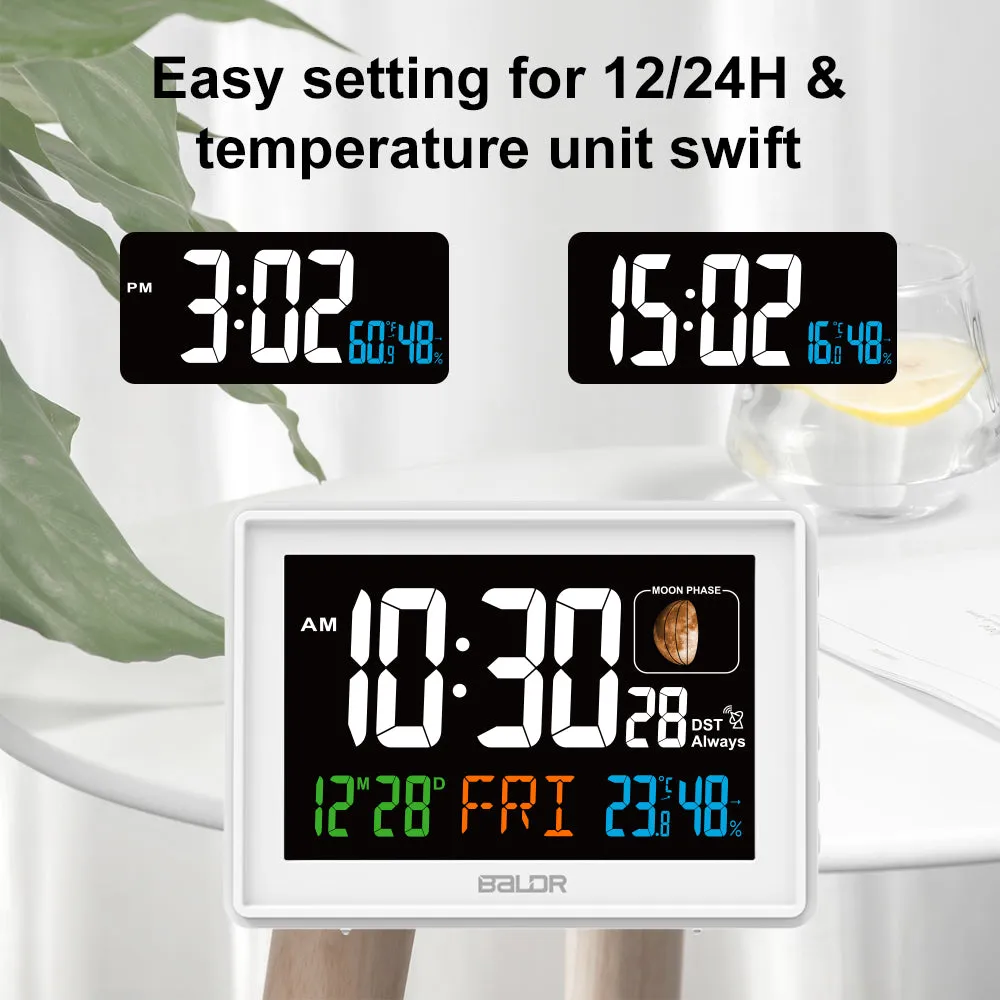 BALDR Atomic Alarm Clock - Large Color Display Digital Desk Clock with Indoor Thermometer, Humidity Sensor, and Real-Time Moon Phases