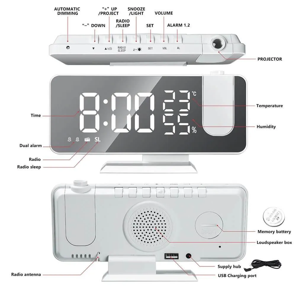 Digital Projection Alarm Radio Clock and Mirror