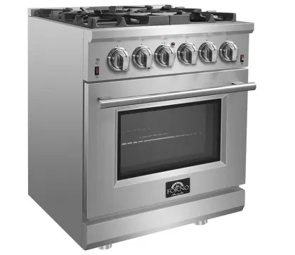 Forno 30 Inch Alta Qualita Gas Range with 5 Italian Sealed Burners, 4.32 Cu. Ft. Oven Capacity, Cast Iron Grates, Convection Cooking, Illuminated Zinc Knobs, Magic Eyes, Halogen Oven Lights, Telescoping Racks