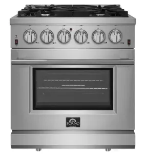 Forno 30 Inch Alta Qualita Gas Range with 5 Italian Sealed Burners, 4.32 Cu. Ft. Oven Capacity, Cast Iron Grates, Convection Cooking, Illuminated Zinc Knobs, Magic Eyes, Halogen Oven Lights, Telescoping Racks