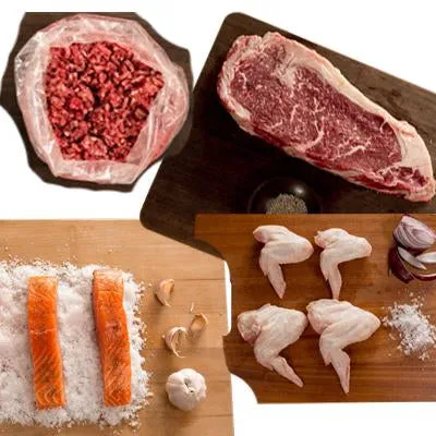 FROZEN Pack: Sirloin Steaks 2 x 300gm, Chicken Wings, Salmon 1 x Twin Pack, Lean Beef Mince  2 x 500gm