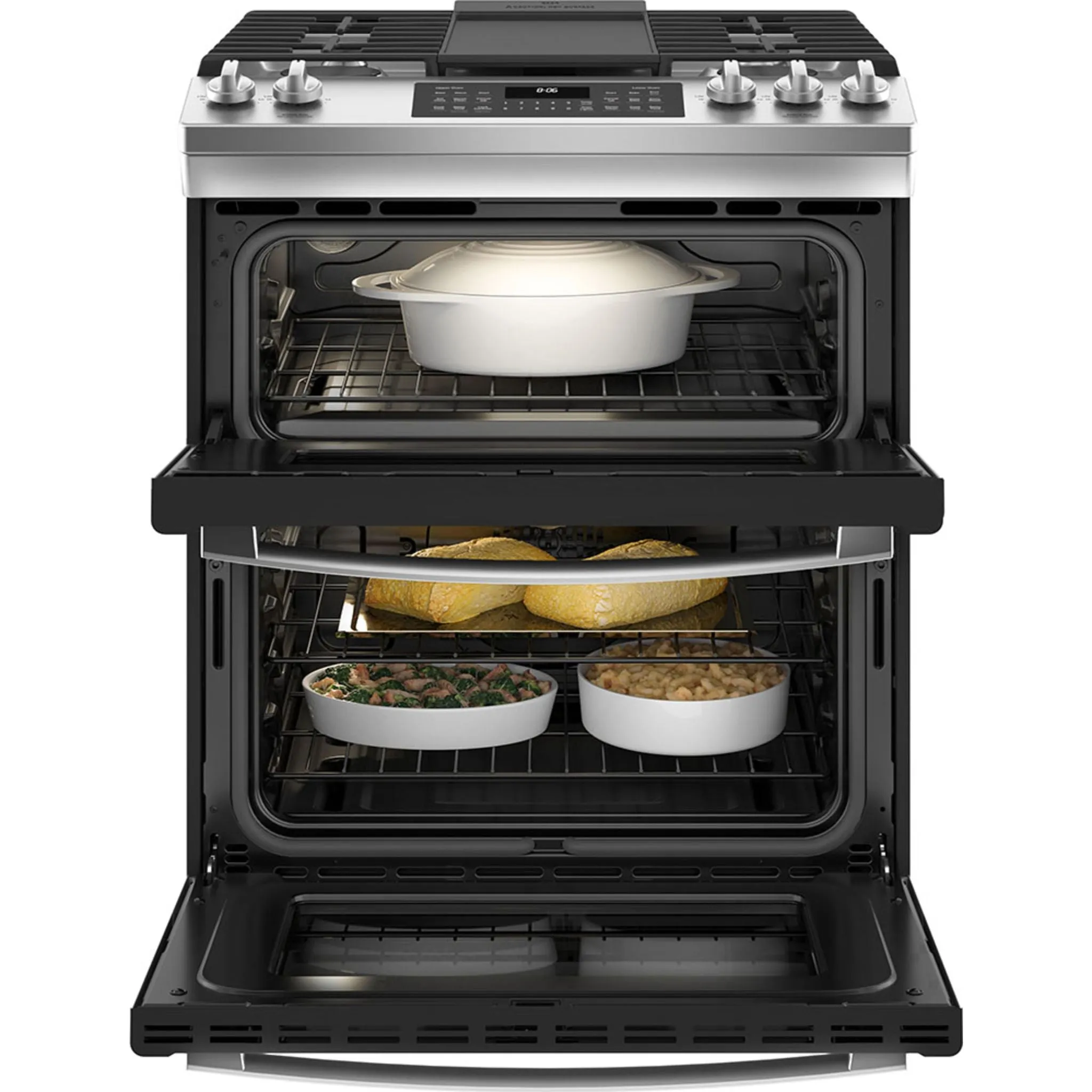 GE® 30" Slide-In Gas Double Oven Range with No Preheat Air Fry Stainless Steel - JCGSS86SPSS