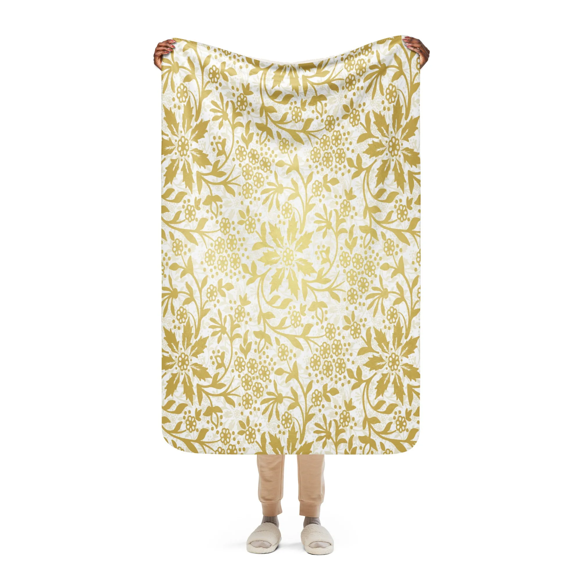 Gold and White Floral Sherpa blanket lioness-love