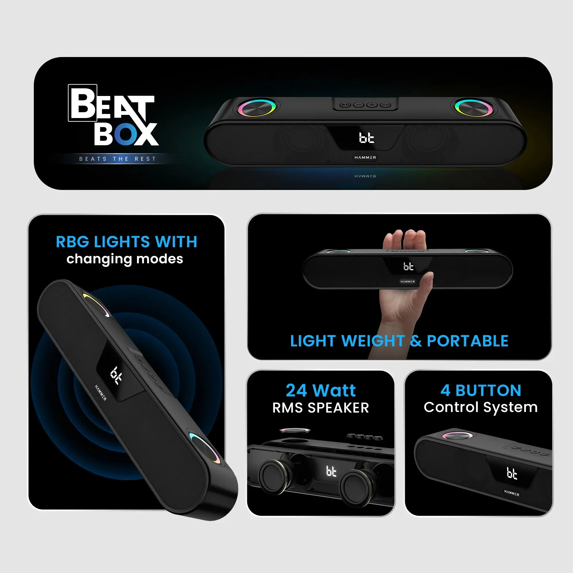 Hammer BeatBox 24W Output Bluetooth Soundbar With RGB Lights and Upto 8 Hours Playtime