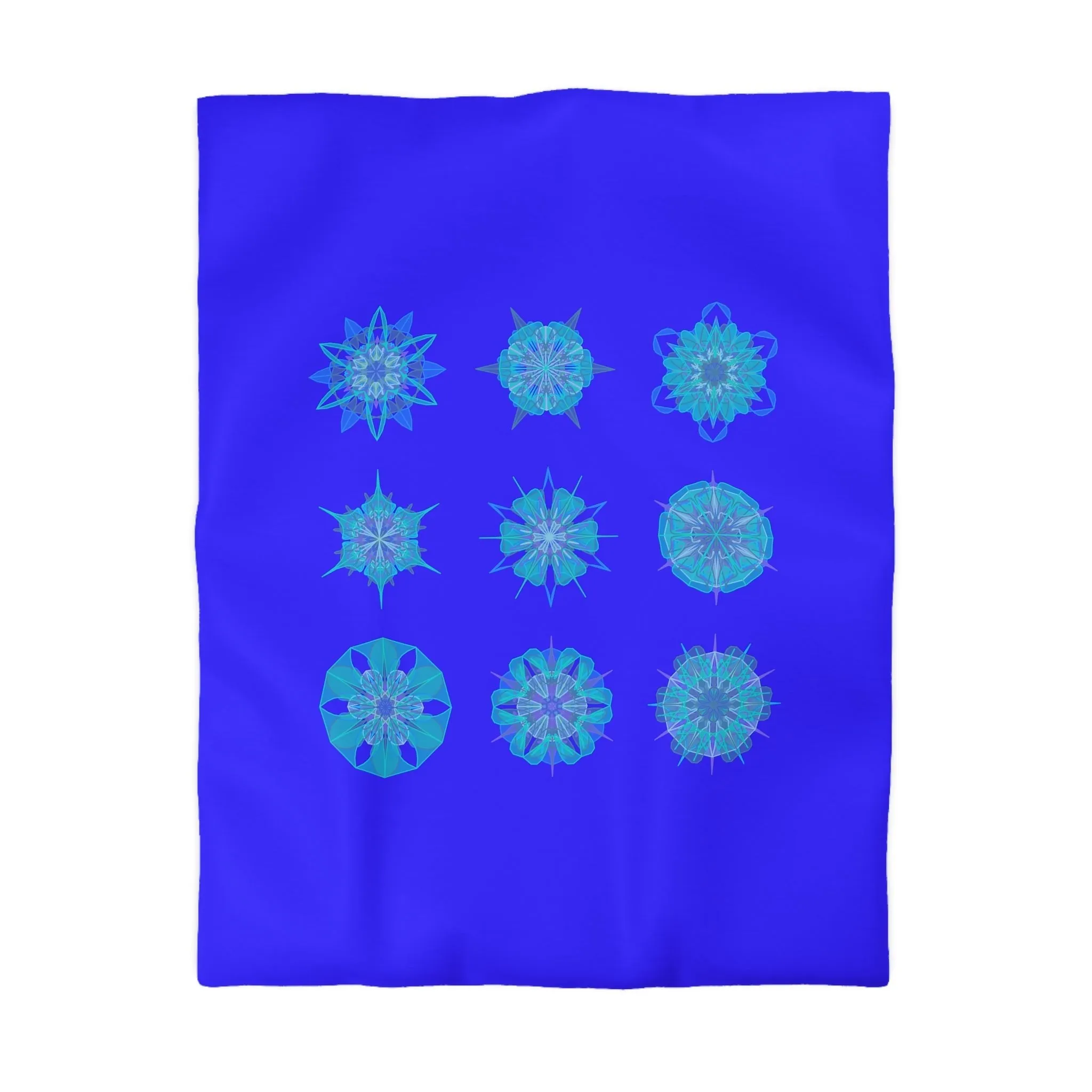 Handmade Mandala Snowflakes Microfiber Duvet Cover - Electric Blue Background