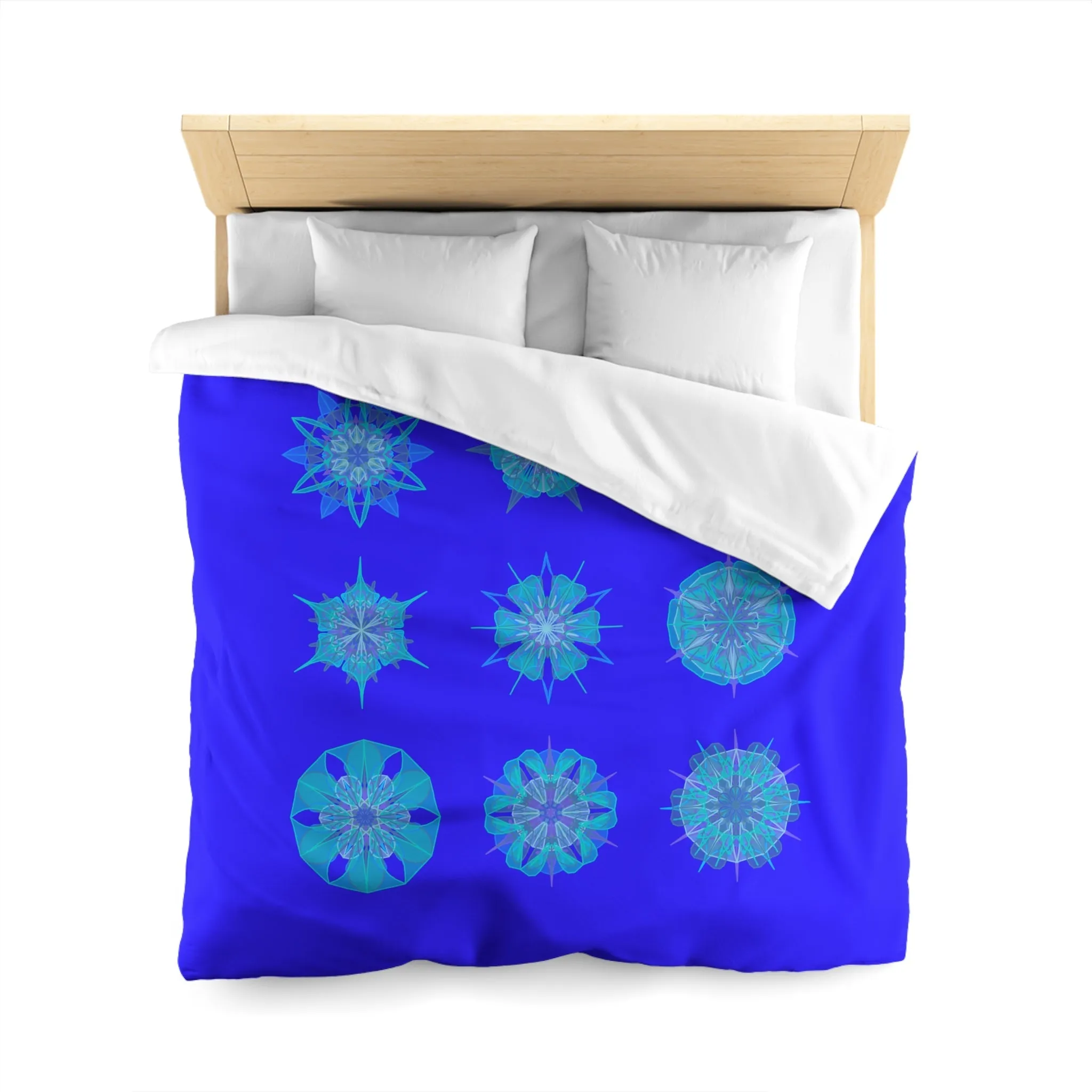 Handmade Mandala Snowflakes Microfiber Duvet Cover - Electric Blue Background