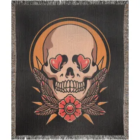 Heart Eye Floral Skull Traditional Tattoo Style Woven Fringe Blanket / / Wall tapestry, throw for sofa, maximalist decor, tattoo home decor