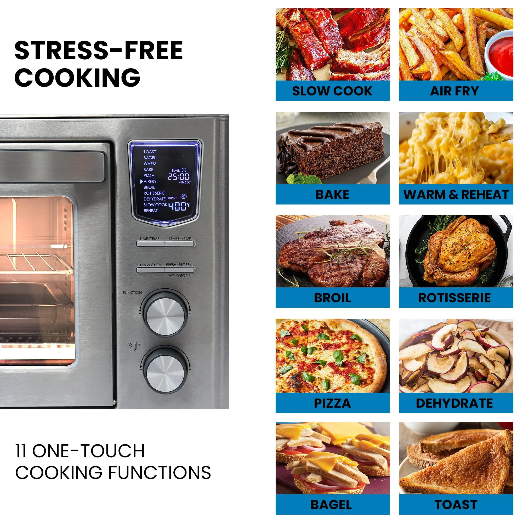 Kenmore 11-In-1 Digital Air Fryer Convection Toaster Oven Rotisserie 25 QT 1700W Countertop Oven, Presets Incl Bake, Pizza, Broil, Slow-Cook & Dehydrate, Dishwasher-Safe Accessories, Stainless Steel