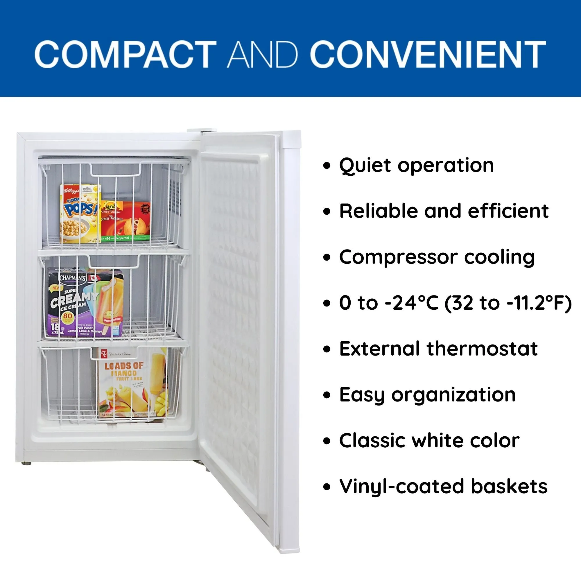 Koolatron Compact Upright Freezer, 3.1 cu ft (88L), White, Energy-Efficient Manual Defrost Design, Space-Saving Flat Back, Reversible Door, 3 Pull-Out Basket Shelves, for Apartment, Condo, Cottage