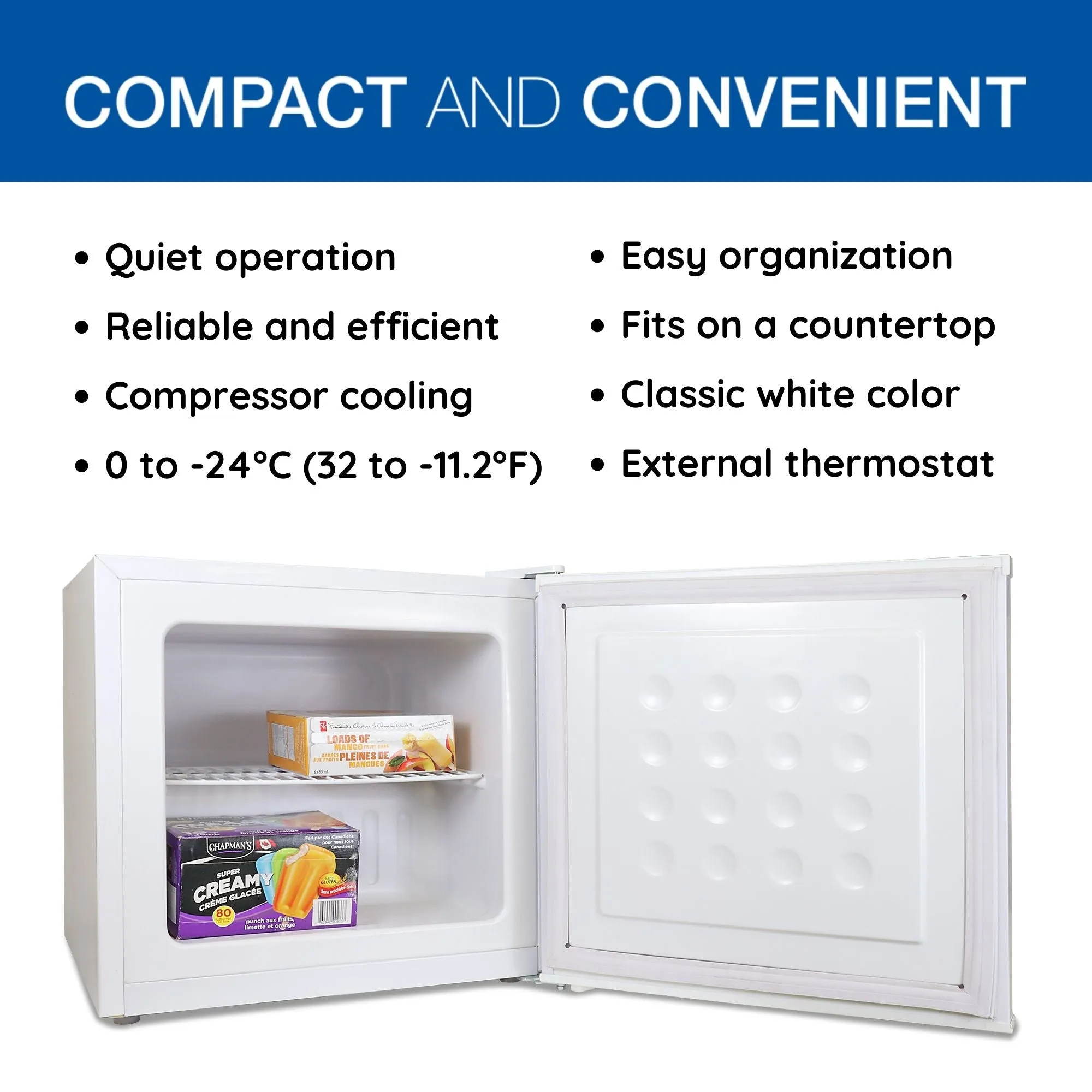 Koolatron Mini Upright Freezer 1.2 cu ft (34L) White, Energy-Efficient Manual Defrost, Space-Saving Flat Back, Reversible Door, Wire Shelf, for Apartment, Condo, Office, RV, Cabin, Dorm Room, Home Bar