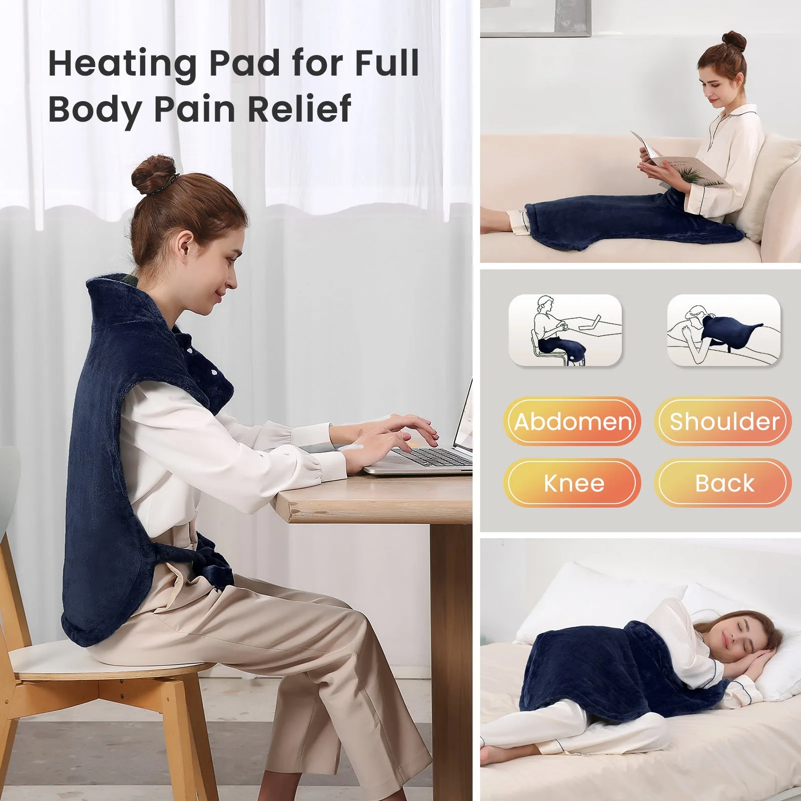 MaxKare 24"×33" Heating Pad with Vibration, 3 Heating Levels & 2 Vibration Mode 3 massage intensive, Navy Blue