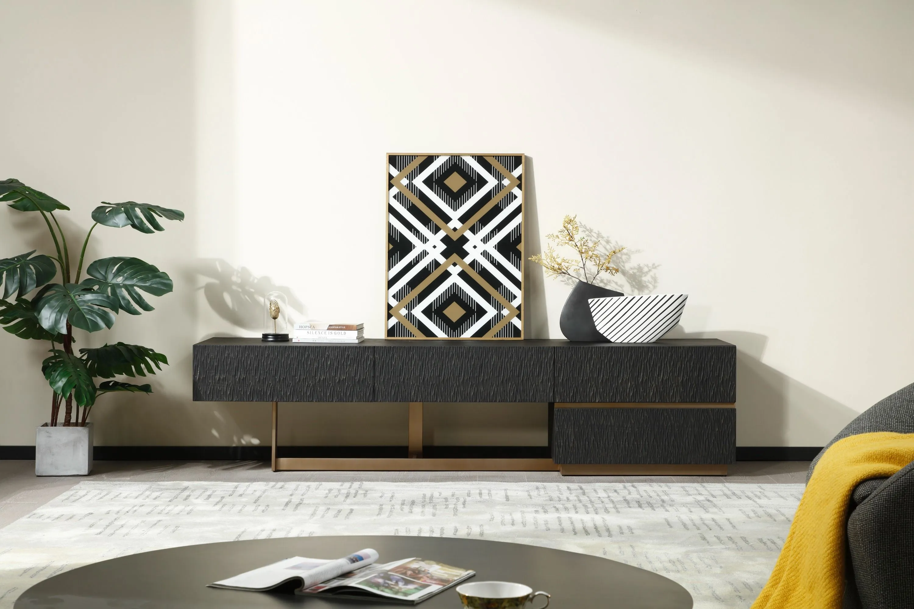 Modrest Tasha - Modern Black Ash   Brushed Gold TV Stand