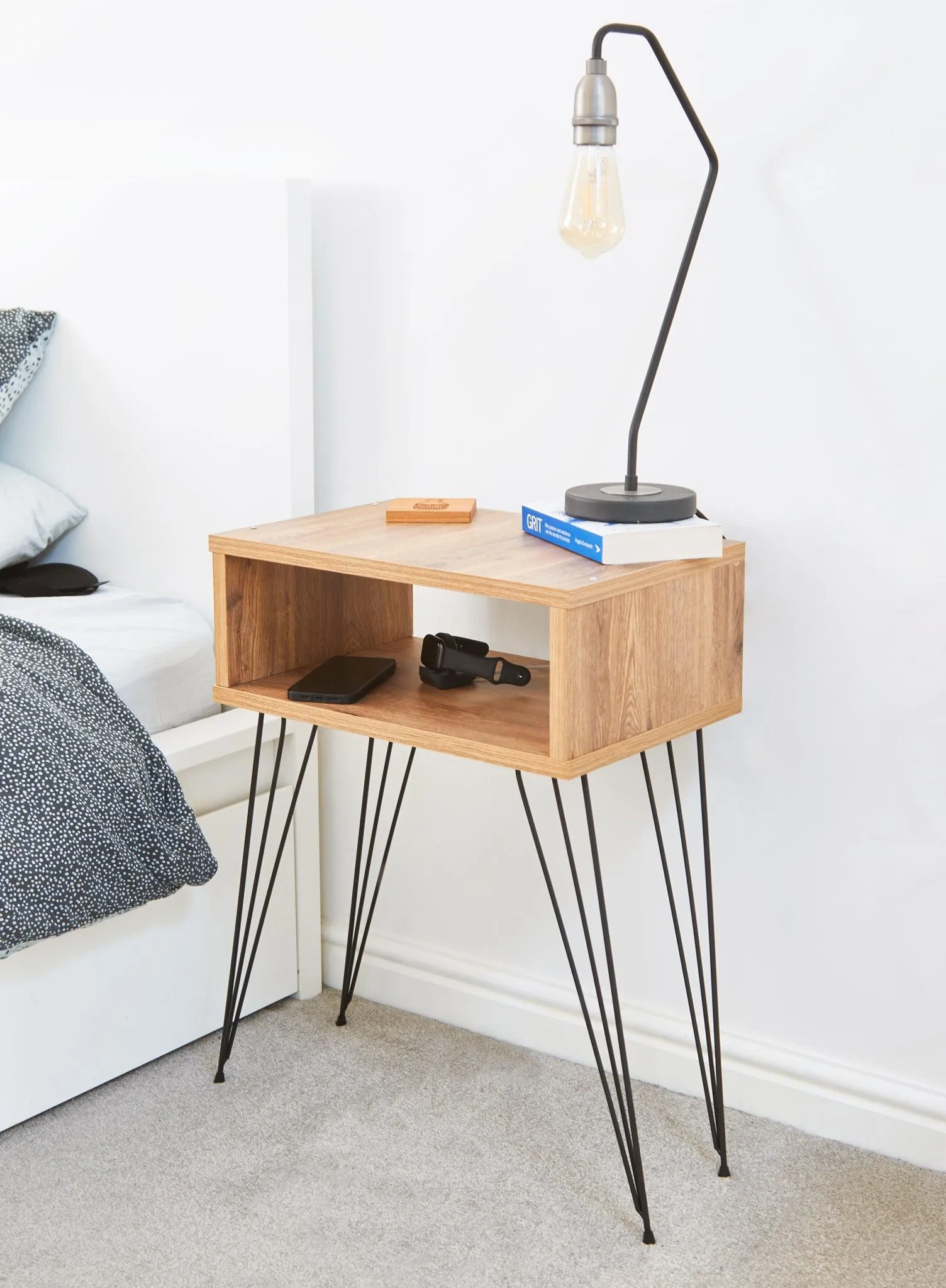 Retro Style Bedside Table With Hairpin Legs - Atlantic Pine