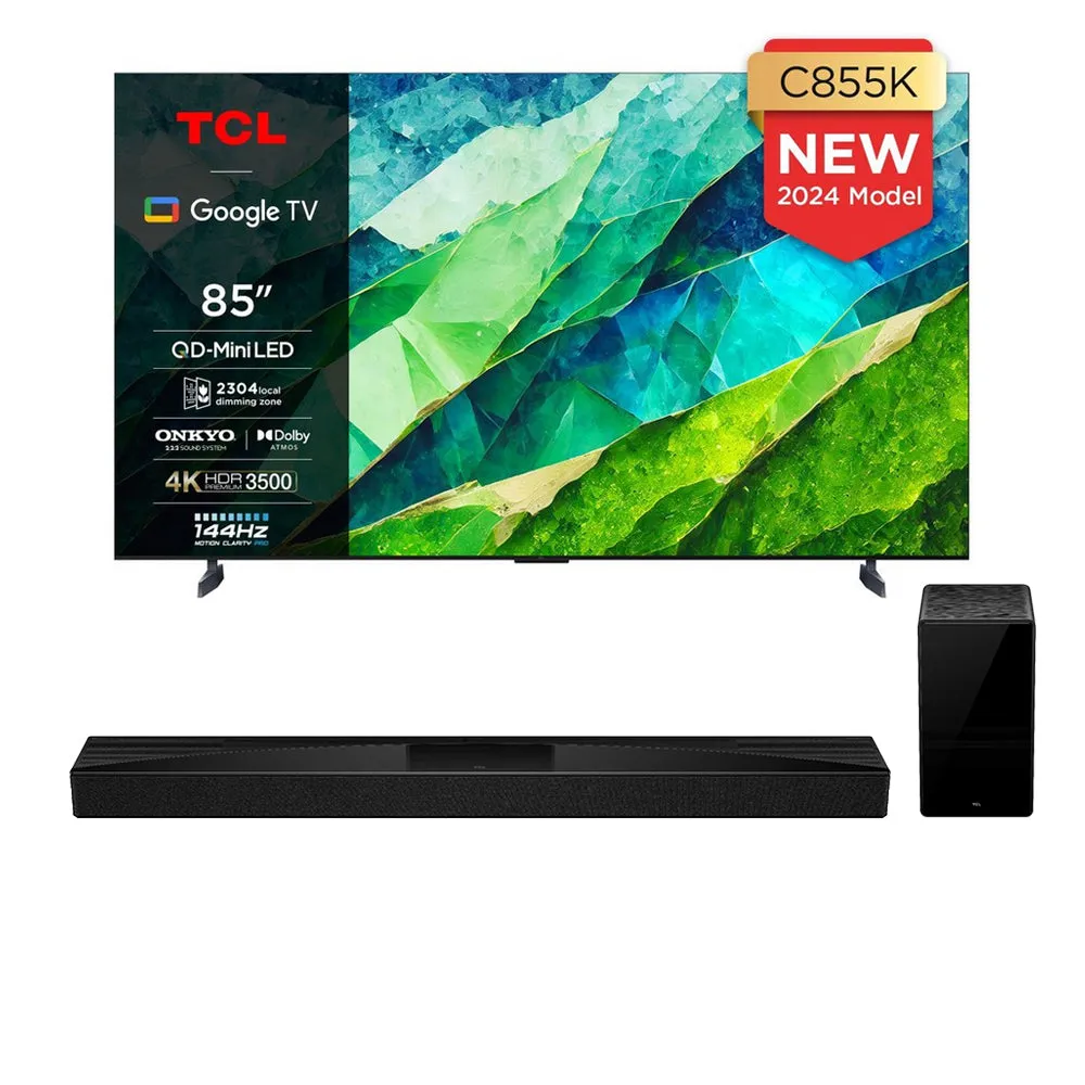 TCL 85C855K 85 Inch C855K 4K UHD QLED Mini LED Smart TV and Q75H 5.2.1ch Dolby Atmos Soundbar with Subwoofer Bundle 2024