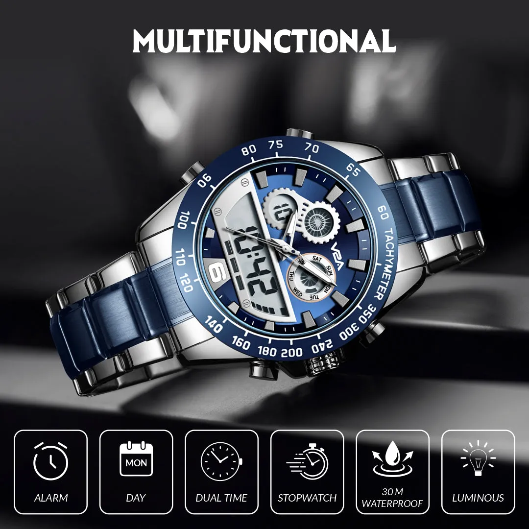 V2A Fusion Series Analog-Digital Men’s Watch with Stainless Steel Band & Alloy Steel Case – Multifunctional with Alarm, Stopwatch, EL Backlight Watch for Men | Gift for Men (Silver-Blue)