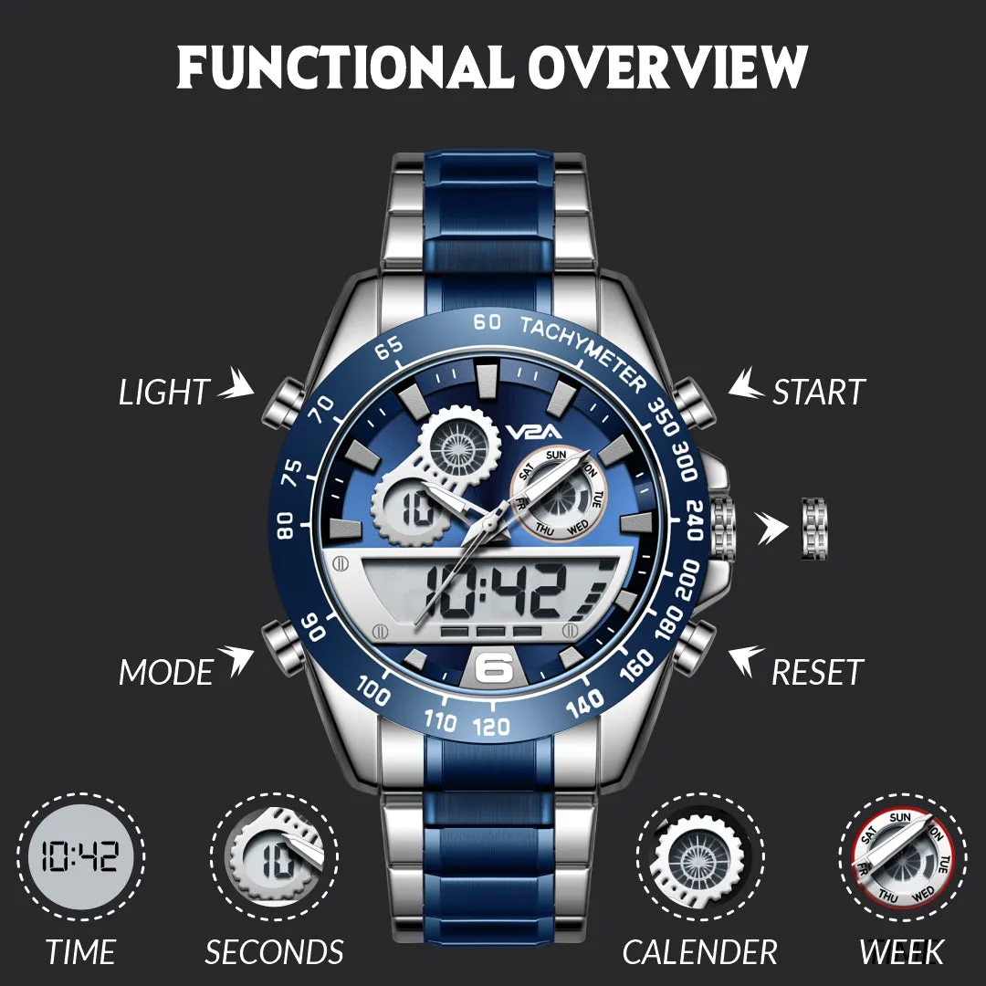 V2A Fusion Series Analog-Digital Men’s Watch with Stainless Steel Band & Alloy Steel Case – Multifunctional with Alarm, Stopwatch, EL Backlight Watch for Men | Gift for Men (Silver-Blue)